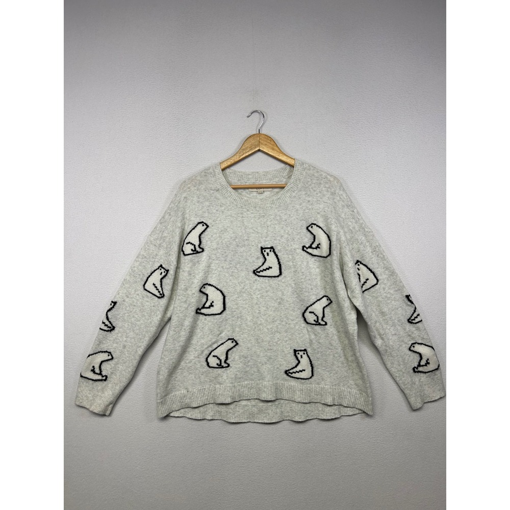 Whimsical Polar Bear LOFT Women XXL Gray Intarsia Knit Pullover Sweater